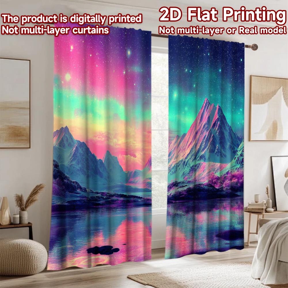 2D Flat Printing 2pcs Curtains Aurora Mountain Lake Reflection Digital Printed Polyester Drapes Festive Wall Decor Perfect for
