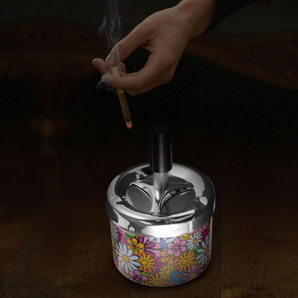 Round Iron Swivel Lid Ashtray Travel For Car Ash Holder Pattern Automatic Extinguishing Ashtray Outdoor Round Ashtray Container