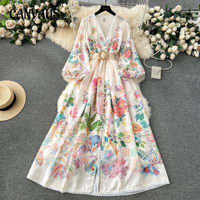 French Court Style Dresses Women's Sweet Lace Lace V-neck Platoon Buttons Slim Long Printed Dress