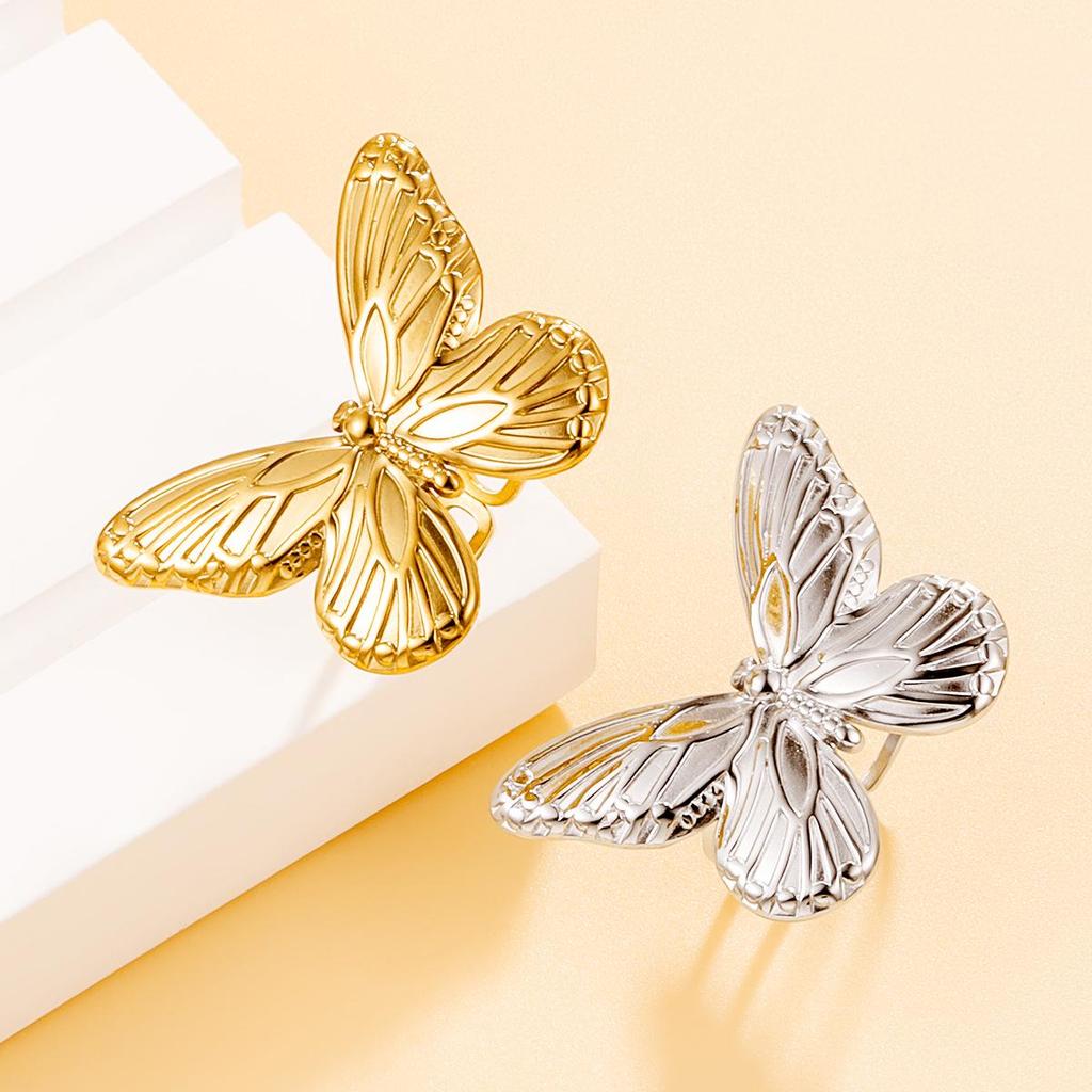 Stainless Steel Retro Elegant Butterfly Ring - Adjustable, Exaggerated Index Finger Design for Women