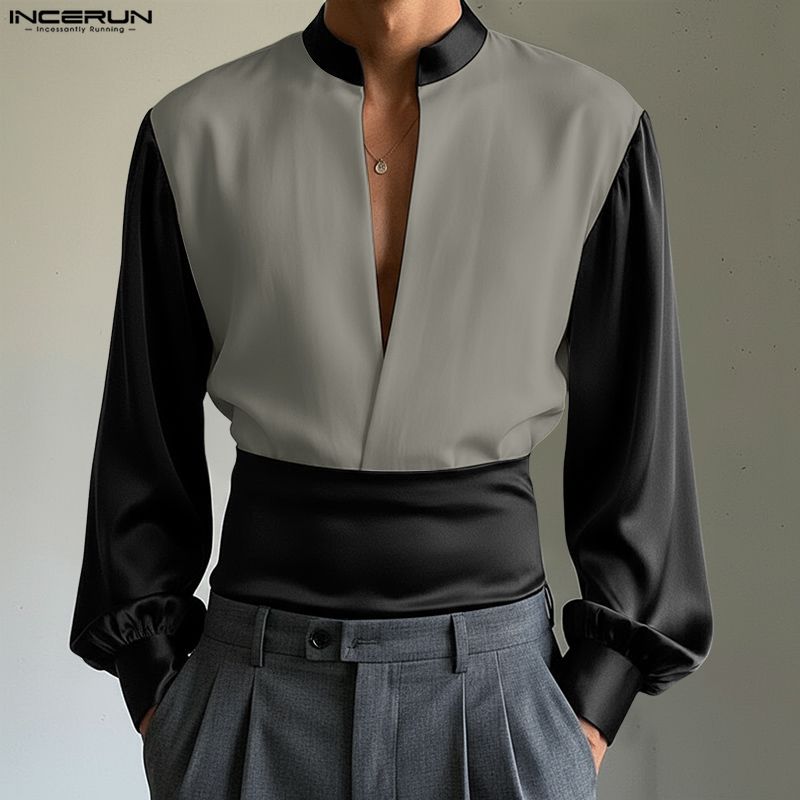 INCERUN Men Long Sleeve Patchwork Open Front Casual Party Shirts Tops