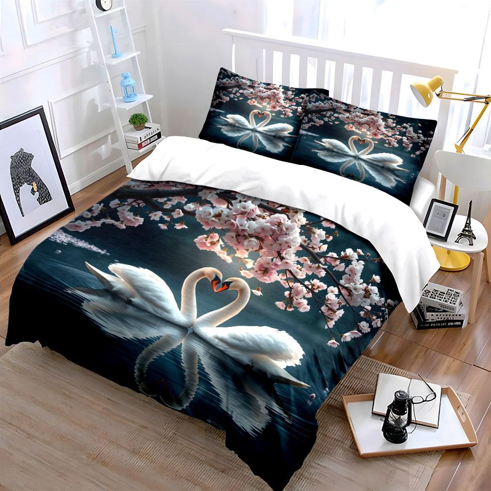 Swans and Cherry Blossom Scene Bedding Duvet Cover Set  (1*Duvet Cover 2*Pillowcases, without duvet insert)