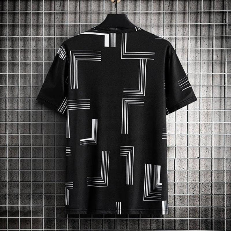 Men Ice Silk T-shirts Summer O-neck Short Sleeves Casual Shirts Oversized Geometric Graphic Print Tees Soft Breathable Cool Tops
