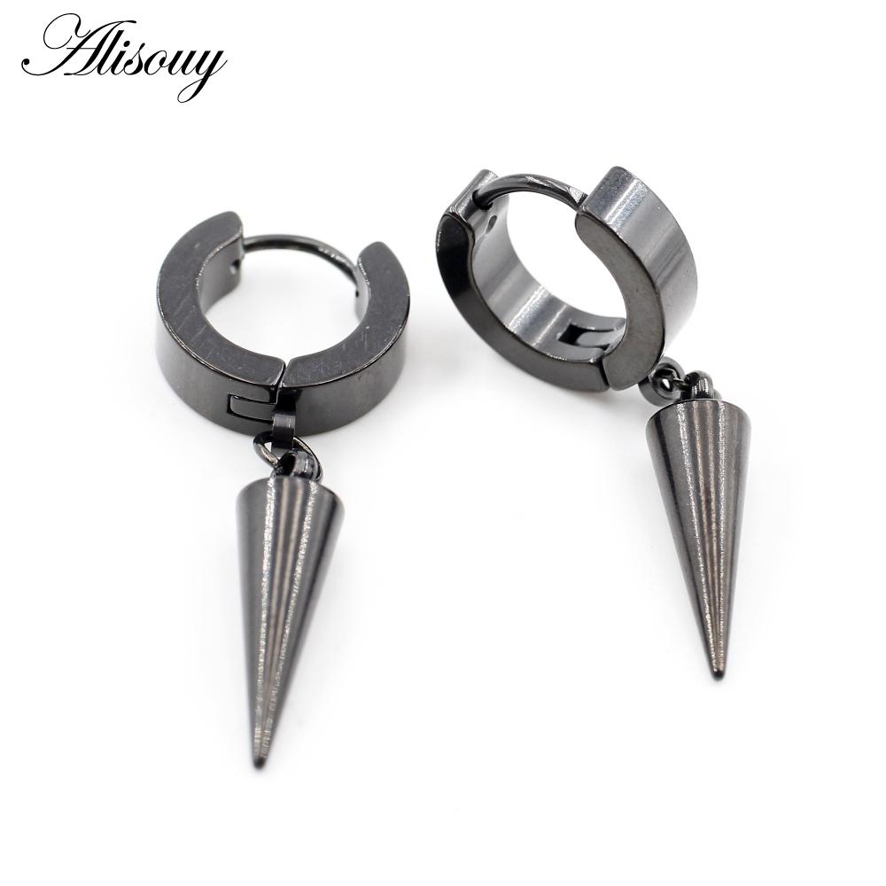 Alisouy 2PCS Stainless Steel Star Cross Snake Spike Skull Sword Blade Chain Feather Spider Dangle Women Men Huggie Hoop Earrings
