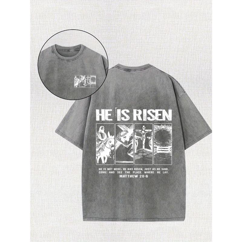 """È Risorto" Cotone Lavato Retrò, Stampa Duplex, Girocollo Manica Corta, Abbigliamento Casual da Esterno, Estivo Vintage da Uomo, Design con Motivo Religioso"""