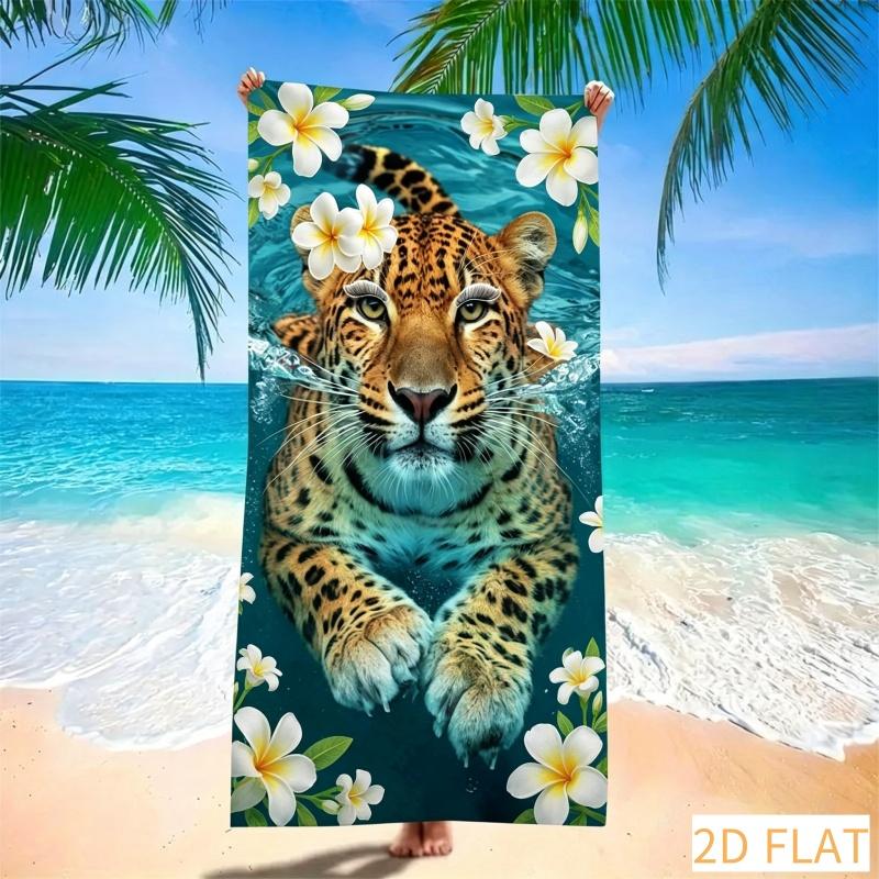 Absorbent Quick Dry Microfiber Beach Towel - Blue Water with Leopard Flower, Lightweight Sand Free Blanket for Picnic