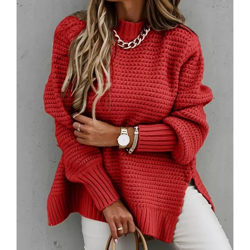 Knit Sweaters Women Half High Collar Full Sleeve Thick Splice Jumpers Solid Casual Split Pullovers Office Lady Elegant