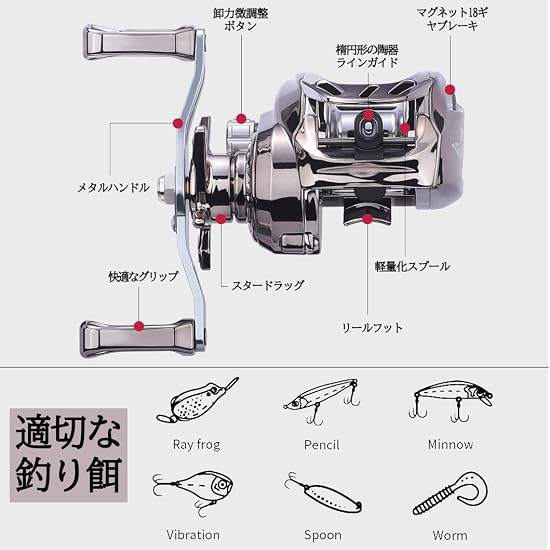 Baitcasting Reel, Lightweight, Long Casting, Powerful Magnetic Brake, Max Drag 6kg, Gear Ratio 6.3:1
