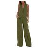 Completo in Lino da Donna - Completo 2 Pezzi Camicia Bottoni Scollo a V Senza Maniche Pantaloni Vita Alta Gamba Larga Set Coordinato