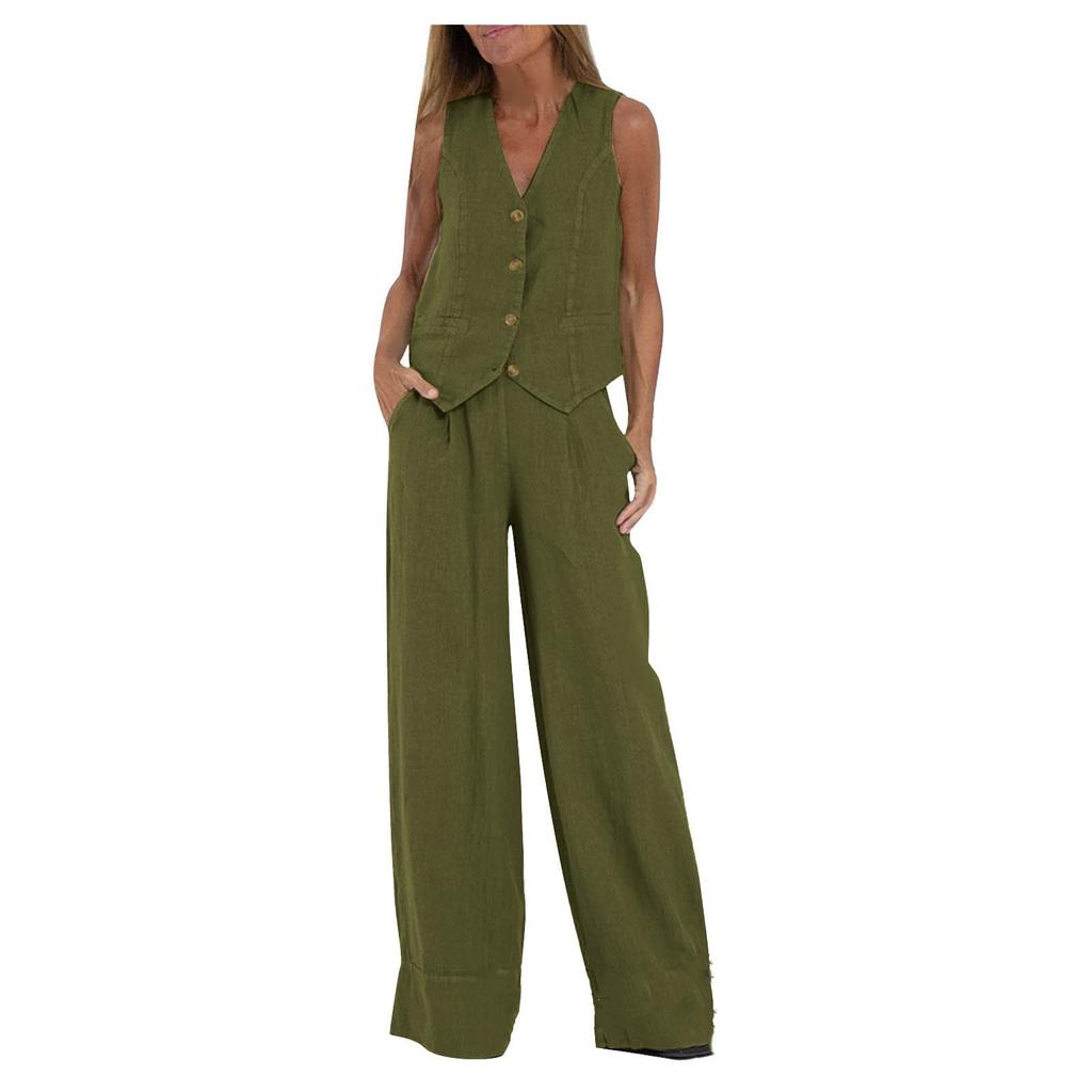 Completo in Lino da Donna - Completo 2 Pezzi Camicia Bottoni Scollo a V Senza Maniche Pantaloni Vita Alta Gamba Larga Set Coordinato