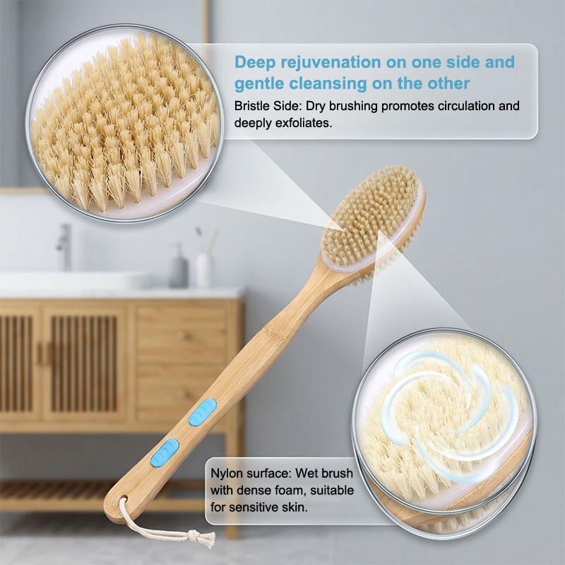 Bristle Shower Brush with Non-slip Long Wooden Handle Exfoliating Massage Scrubber for Back Foot Body Bathing