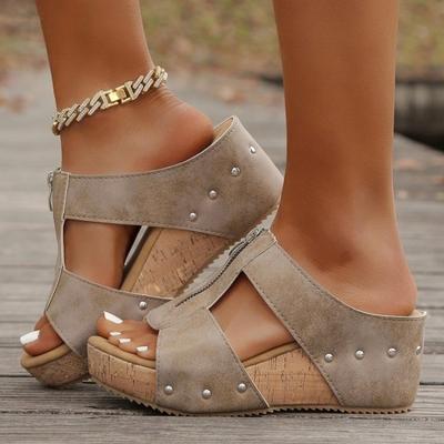 Sandales compensées à plateforme peep toe cloutées pour femmes grandes tailles, chaussures d'été à talon épais