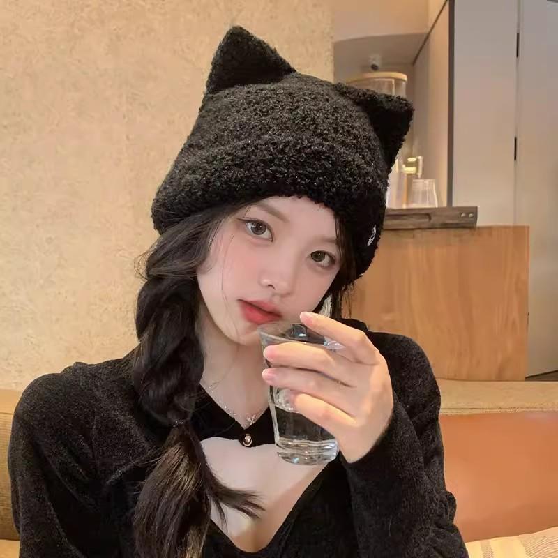 Cat Ears Warm Plush Knitted Beanies for Women Love Heart Embroidery Ear Warmer Cap Solid Color Windproof Pullover Hat Bonnet