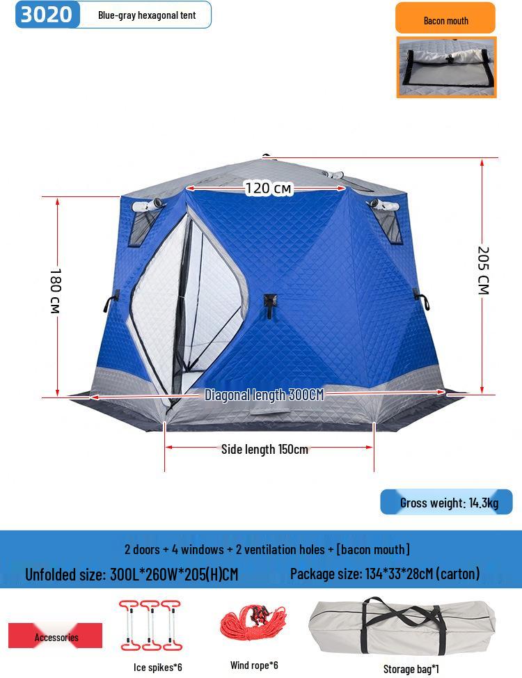 Hexagonal Cotton Ice Fishing Tent - Thickened, No Assembly Needed
