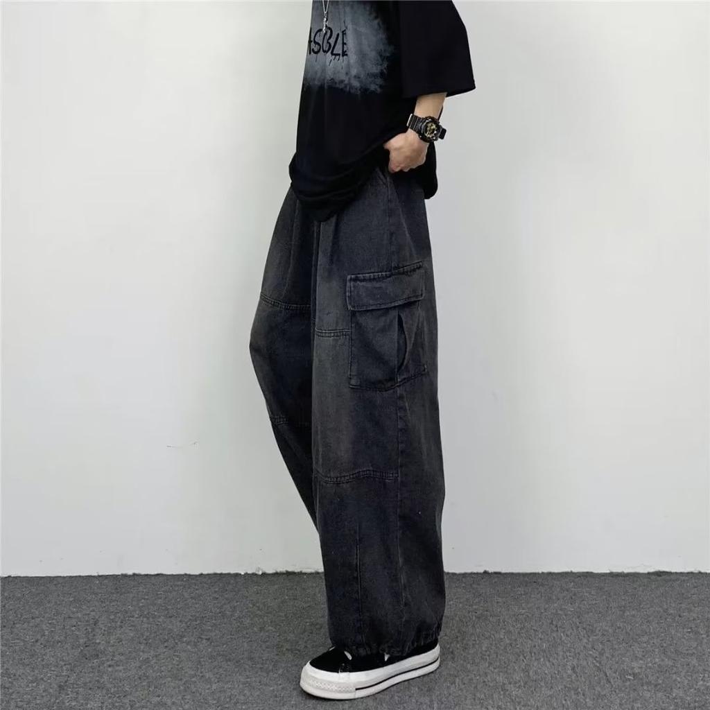 JYL Unisex Cargo Jeans Hong Kong Style Vintage Washed Big Pocket Dad Denim Pants