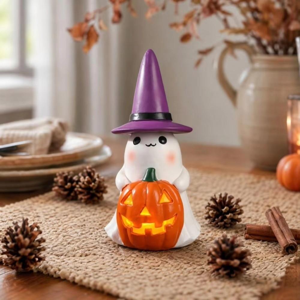 Resin Lighted Ghost Figurine Night Light Halloween Decor Ghost Glowing Ornament Witch Hat Horror Led Spooky Statue