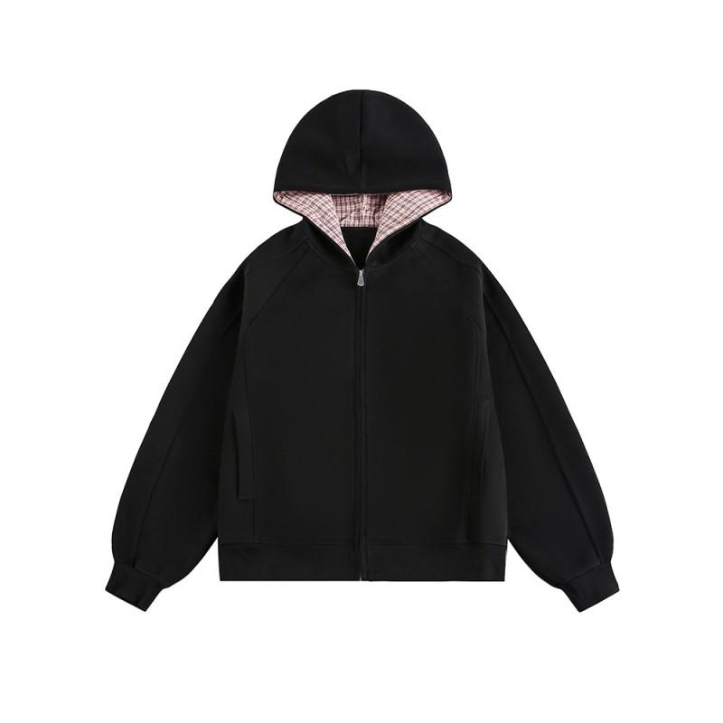 Unisex Oversized Hooded Zip-Up Sweatshirt In Retro Plaid Print Cotton Fall Casual Wear