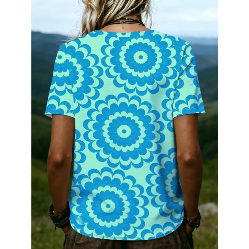 Plus Size Women's 2026 Summer New 3D Print V-Neck Short Sleeve T-Shirt, Slimming Loose Fit Versatile Casual Top, No Accessories Included