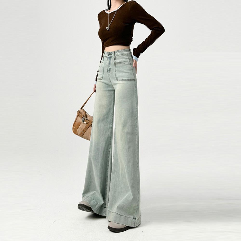 Lazy Korean version of casual straight jeans women's spring and autumn new high-waisted thin loose wide-leg jeans