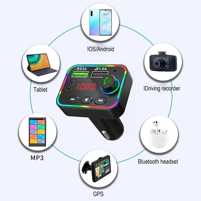 F4 Car Mp3 Bluetooth-compatible Adapter Colorful Breathing Light Qc3.1A U Disk Music Player Dual