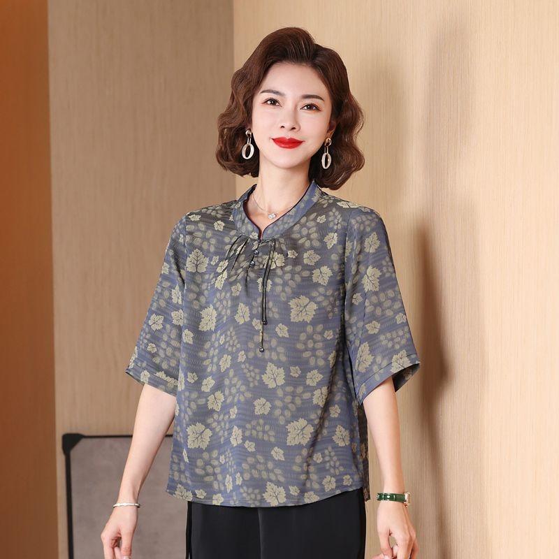 Chinese Summer Chiffon Shirt Mid-sleeve Stand Collar Middle-aged and Elderly Women's New Summer Small Shirt Loose Top