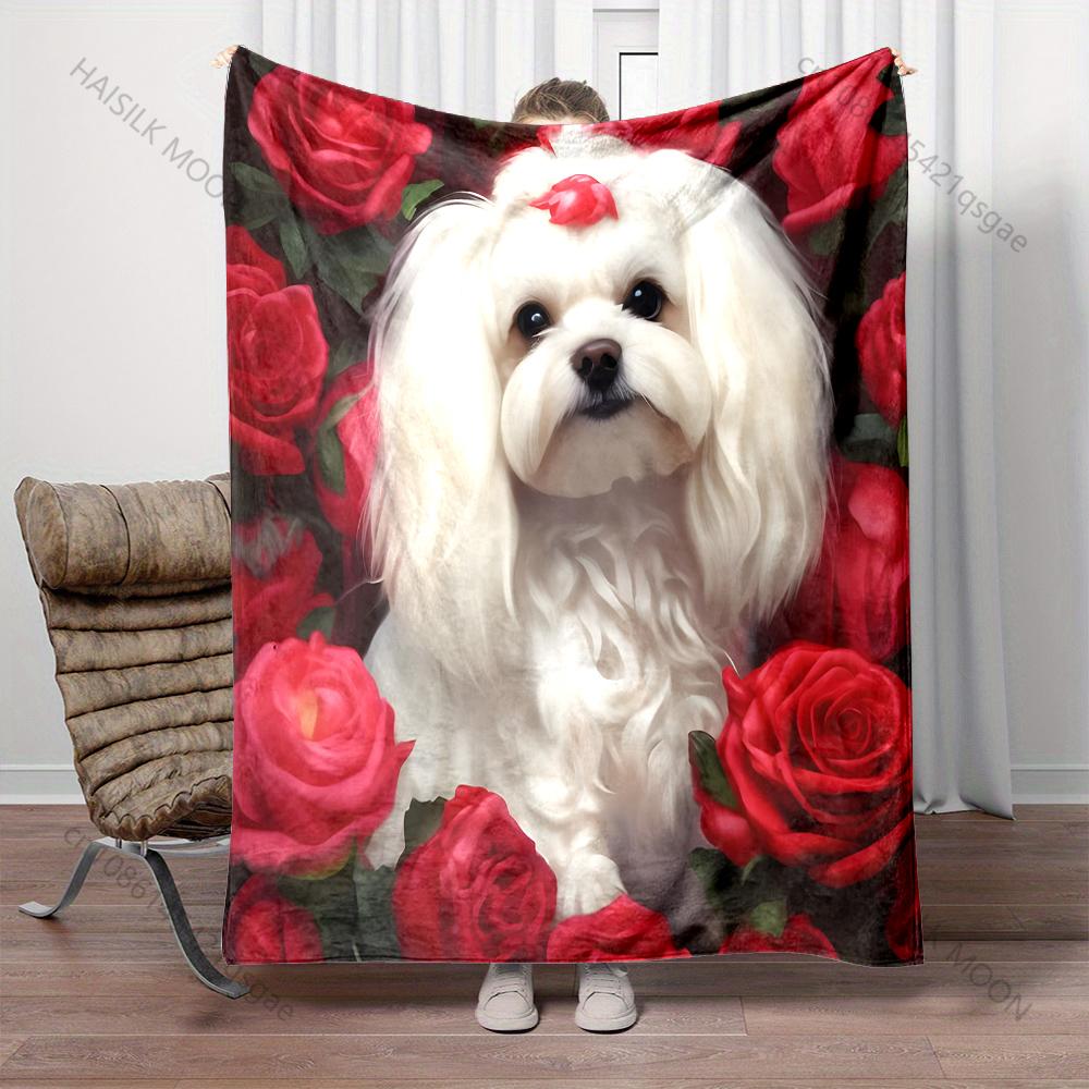 Maltese dog and roses Pattern Blanket Warm Soft Fluffy Kids and Adult Sofa Bed Throw Blanket Suitable Home Travel Camping