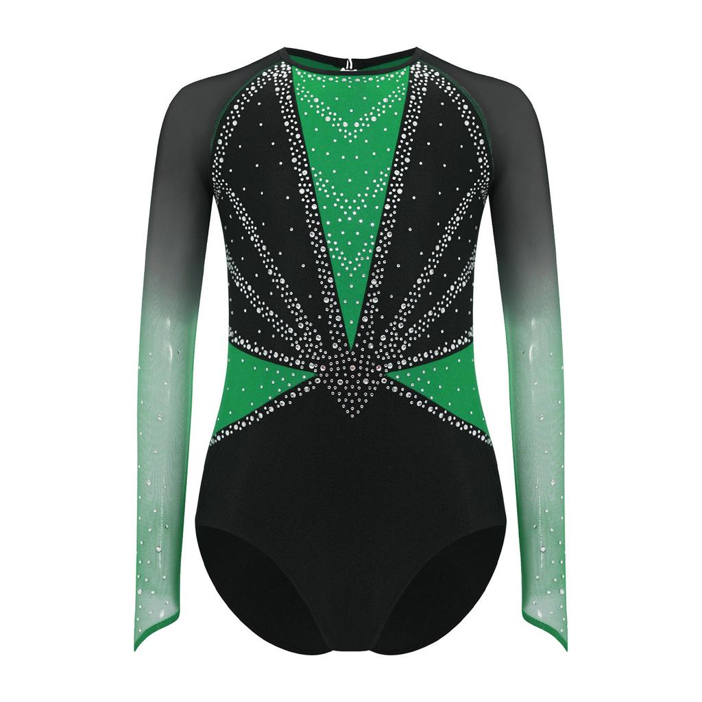 Costum de Gimnastică și Dans pentru Fete cu Mâneci Lungi din Plasă, Decolteu la Spate, Strălucitor cu Strass-uri, Leotard Color-Block