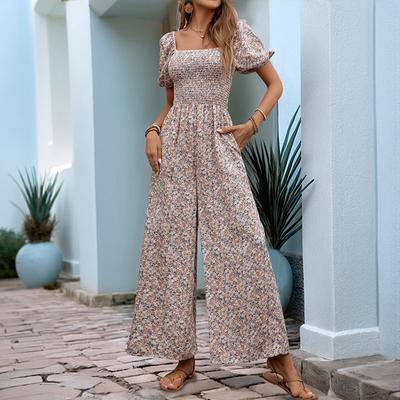 Summer Women's Square Neck Bubble Sleeve Wide Leg Resort Style Floral Jumpsuit
