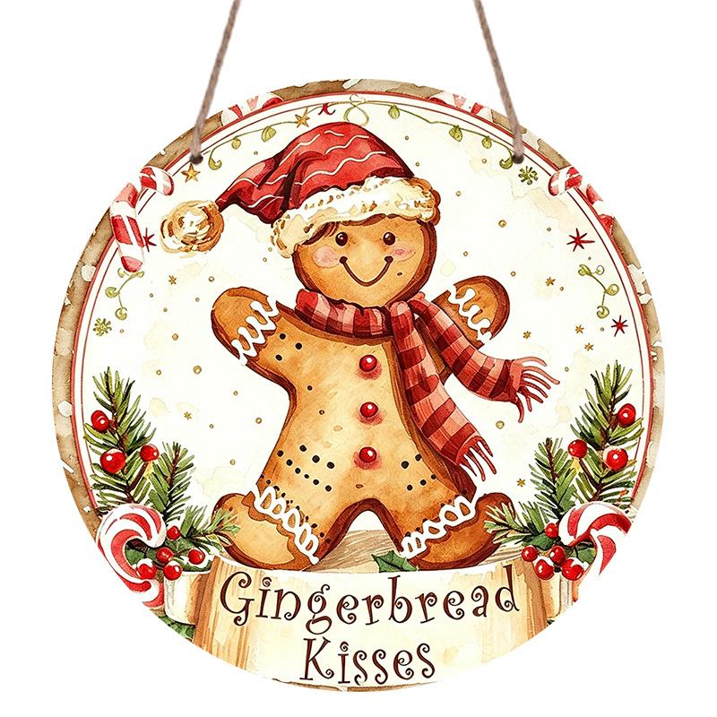 2D Flat, 1pc Decorative Plaques and Ornaments Sign, Round Distressed Aluminum Gingerbread Kisses Christmas Hanging Plaque, Candy Cane Pine Farmhouse
