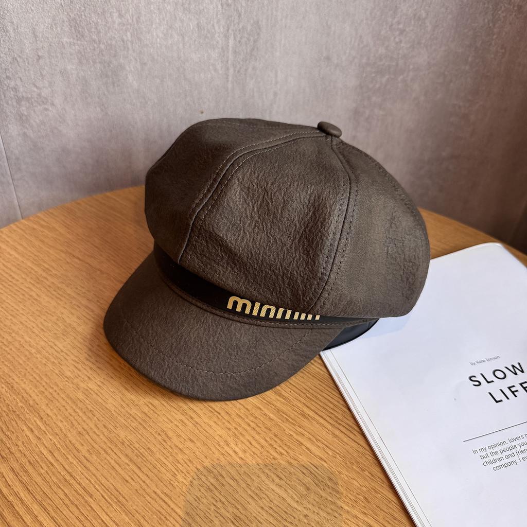 Letter Material Pu Curved Brim Octagonal Cap Cold Season Accessories Fashion