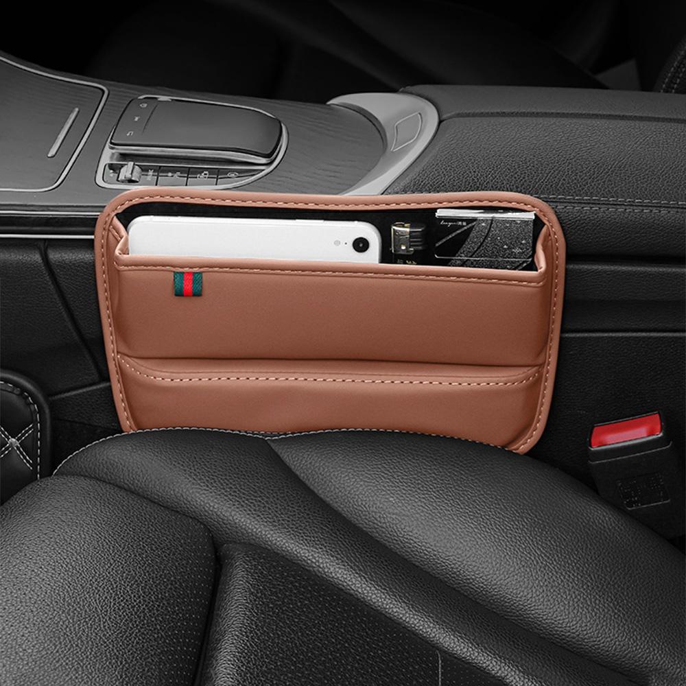 Car Console Side Seat Gap Filler Brown PU Leather Front Seat Organizer Universal