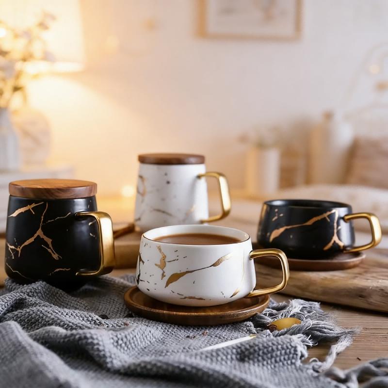 Nordic Marble Ceramic Coffee Mug Set With Lid Spoon Saucer Creative Couple Cup for Home Office Breakfast Afternoon Tea Gift