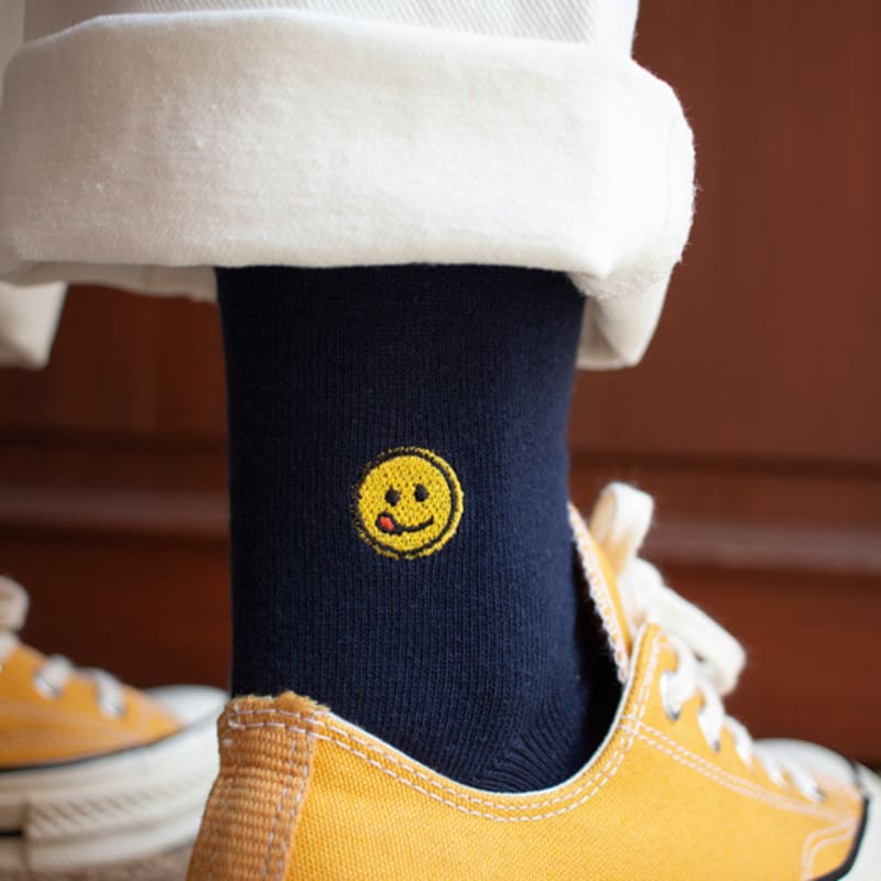 SNOOZY Heart Smile Emoji Embroidered Socks (Dark Navy)