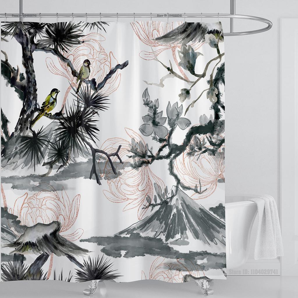 Chinese Style Flower and Birds Tree Shower Curtains Crane Pattern Bath Curtain Waterproof Bathroom Decor With Hooks 3d Printing