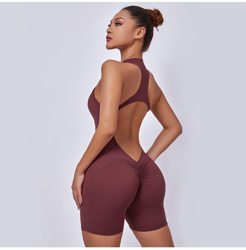 European & American Zipper Aerial Yoga Jumpsuit Bodysuit with Chest Pad & Tummy Control for Women Fitness.