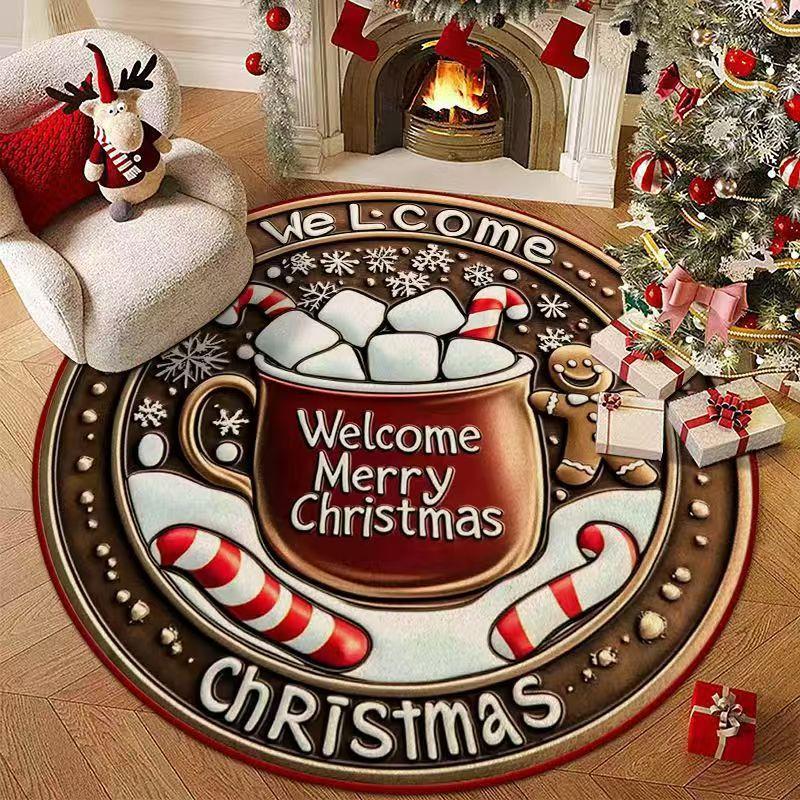 Round Christmas Area Rug, Crystal Velvet Floor Carpet with Gingerbread Print, Non Slip Dotted Back for Living Room