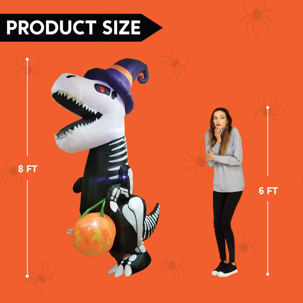 Joyfy 8 FT Halloween Inflatable Skeleton Dinosaur with Build-in LEDs Pumpkin for Halloween Outdoor Blow up Yard Decorations