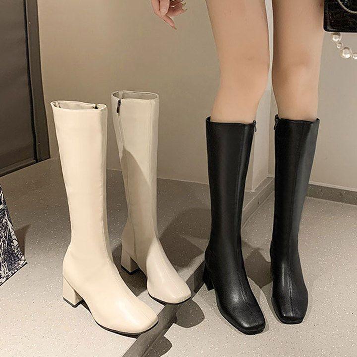 But Knee Boots Women's 2025 Spring and Autumn New Single Boots High Boots Thick Heel Square Head Side Zipper Martin Boots Knight Boots