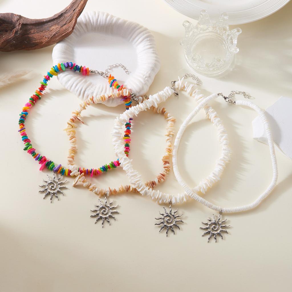 Bohemian Rainbow Beaded Choker Necklace for Women Vintage Silver Color Sun Pendant Necklaces Summer Beach Vacation Jewelry Gift