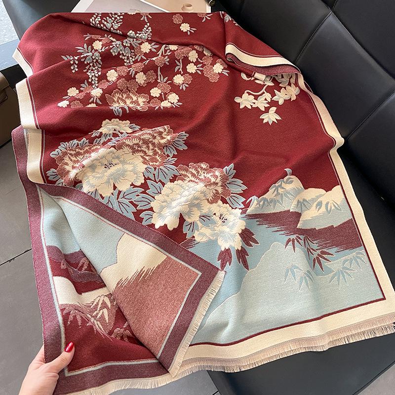 Retro Floral Chinese-Style Imitation Cashmere Shawl for Women - Cozy Winter Office Blanket & Elegant Air-Conditioned Room Scarf for Mothers