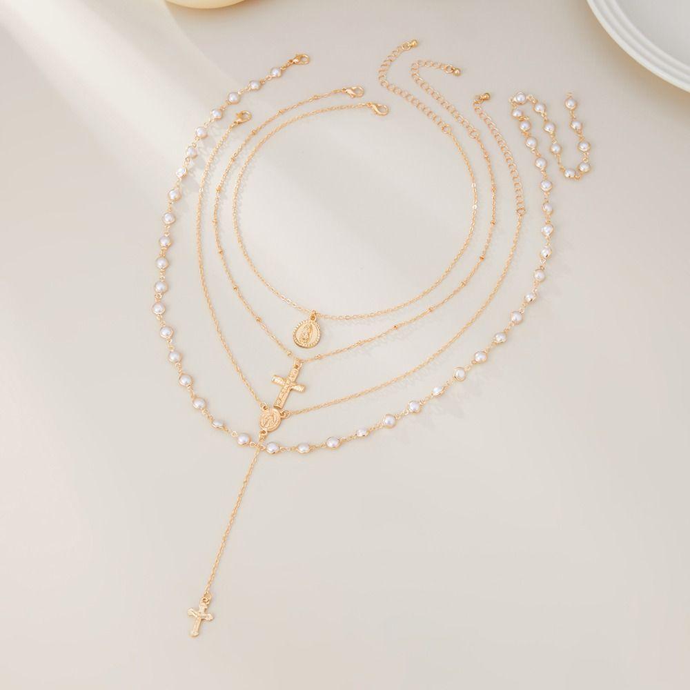 Cross Cross Pendant Necklace Multilayer Clavicle Chain Simple Imitation Pearl Necklace  Gift