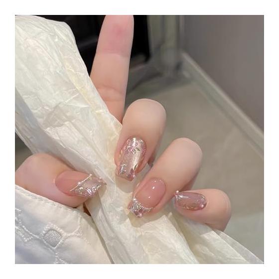 Handmade Nail Tips, Short False Nails, Japanese Style, Cute, Long, Short, Square Oval, Round, Glitter, Cute, Simple, Stylish, Can Be Used for Coming
