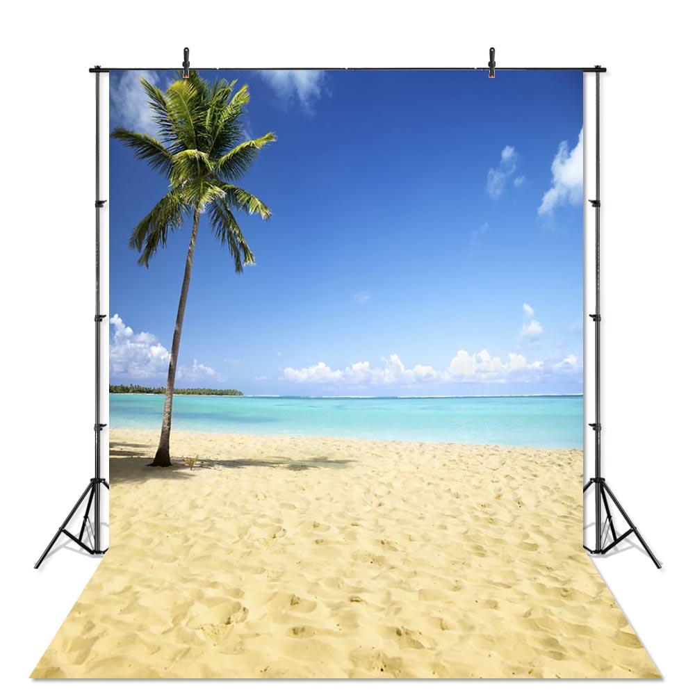 Sea Beach Sand Cloudy Blue Sky Scene Summer Beach Photography Backdrop for Photo Studio Tropical Palms Coconut Tree Background