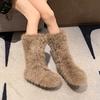 Winter New Women's Faux Fur  Furry Snow High Boots Warm Padded Round Toe Casual Shoes Solid Fluffy Mid-Calf Booties for Women