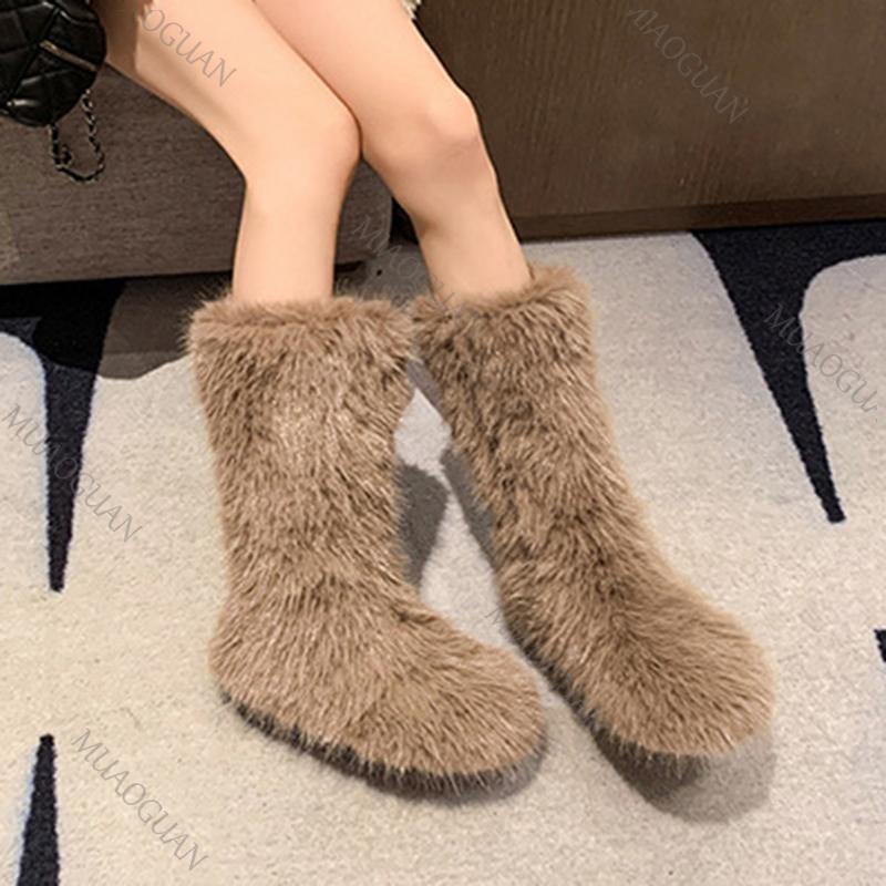 Winter New Women's Faux Fur Furry Snow High Boots Warm Padded Round Toe Casual Shoes Solid Fluffy Mid-Calf Booties for Women