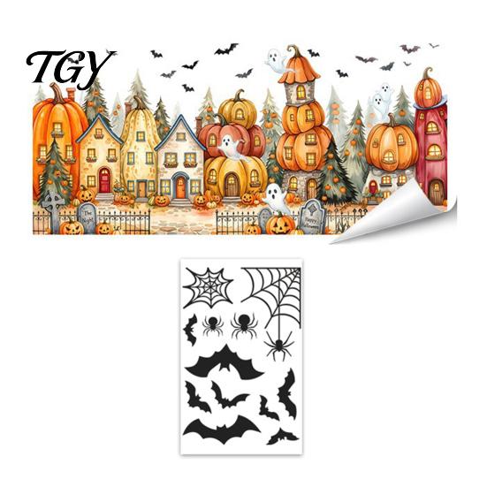 Spooky Party Glass Decor Halloween Window Clings, Pumpkins Skeletons Ghosts And Bats Print Decorative Clings Decals, Electrostatic PVC Static