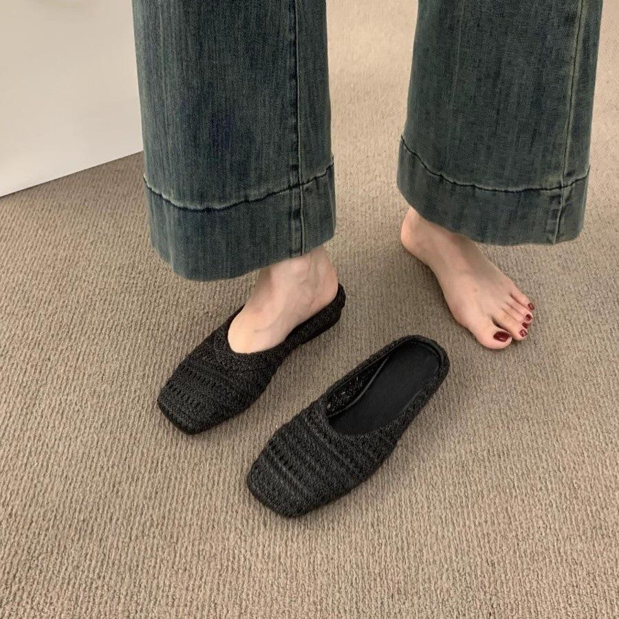 French niche breathable woven bag head half slippers women's summer wear lazy one pedal casual flat sandals shoes