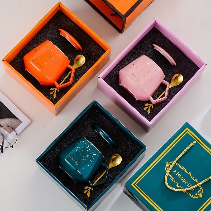 Creative Personality Trend Coffee Cup Nordic Style Ceramic Cup with Lid and Spoon Office Water Cup Gift Set