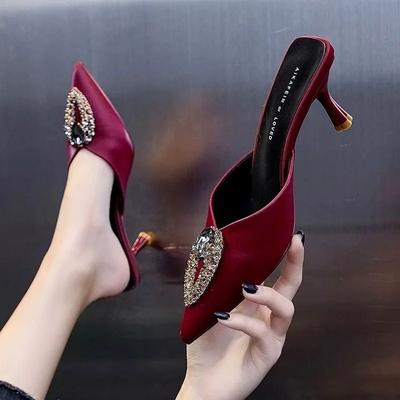 Slides Heeled Shoes Pointed Toe Mules Outside Rhenstone Job Red Women's Slippers and Ladies Sandals Crystals Pvc Sale B W Luxury