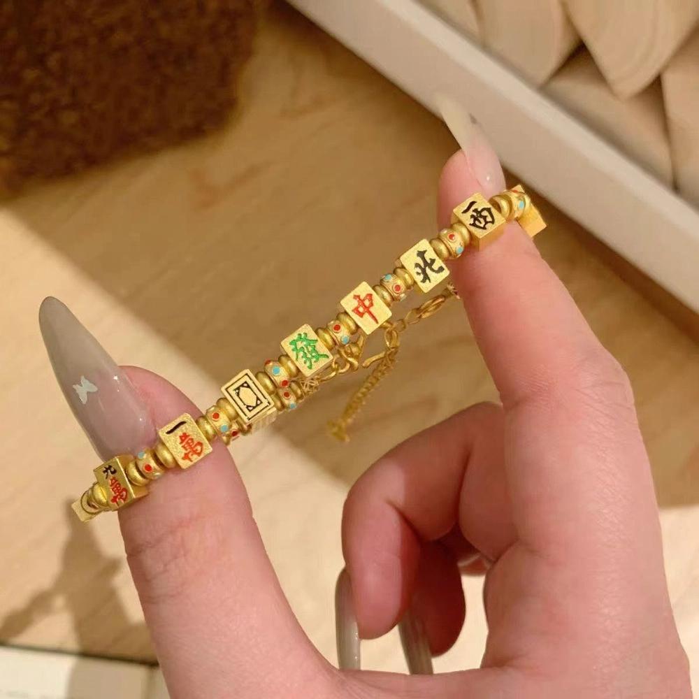 DIY Charm Golden Mahjong Bracelet Chinese Character Bohemian Style Bangle  Hipster